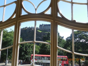 Out the Starbucks window  with the Castle in the background